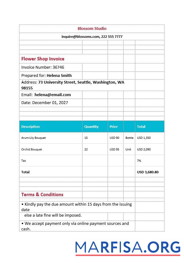 Realistic Printable Flower Shop Invoice Template